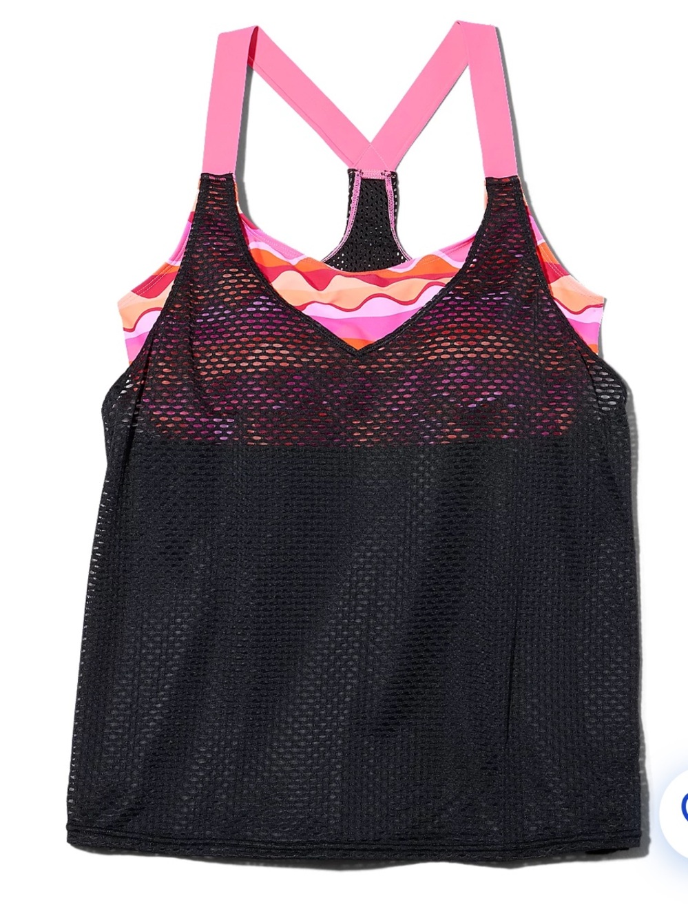 ZeroXposur Black Mesh Tankini Swim Top with Colorful Pink Print Interior, 3X